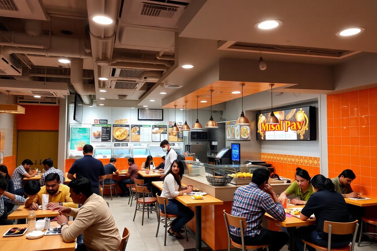 Busy Sampurn Satvik Misal franchise outlet with customers dining